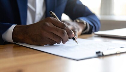 African American Man Signs Document in Blue Suit Jacket at Wooden Table