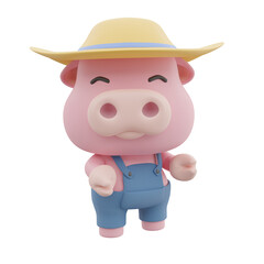 Cartoon Pig Wearing Overalls and Hat on Transparent Background 3D Render