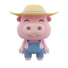 Cartoon Pig Wearing Straw Hat and Denim Overalls on Transparent Background