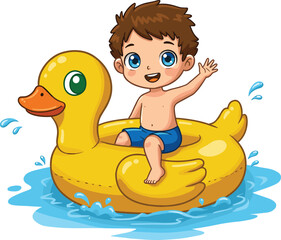 Cartoon child on yellow duck float, summer pool fun, smiling boy, inflatable toy, water splash, playful moment, swimwear, illustration