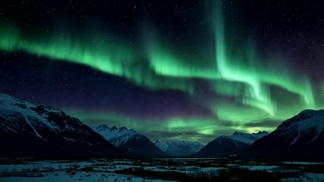 The spectacular Aurora Borealis dances across the dark, star-studded night sky. The bright, shimmering green and purple lights form curtains and ribbons over the vast, snowy valley.