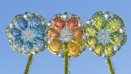 Jewel-like flower trio, vibrant hues against blue sky