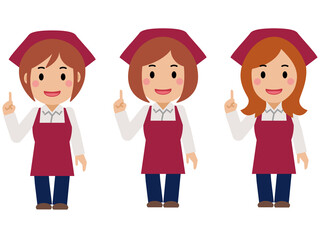 ナンバーワンポーズで笑顔。真紅のエプロンと三角巾の女性