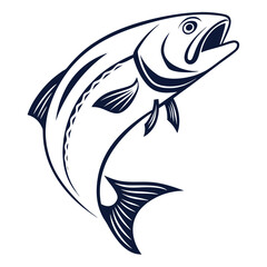 Illustration of a jumping fish with detailed fins and open mouth in black and white outline design style