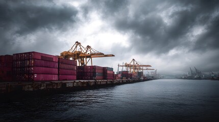 Shipping containers being loaded and unloaded by massive cranes at a busy industrial port under a dramatic overcast sky