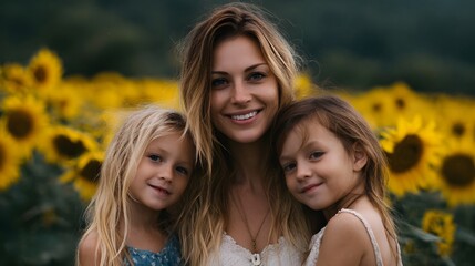 Obraz premium A smiling mother and her two young daughters share a happy moment in a bright sunflower field