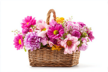 Colorful basket of assorted flowers including pink, yellow, and white blossoms, isolated on white background.
