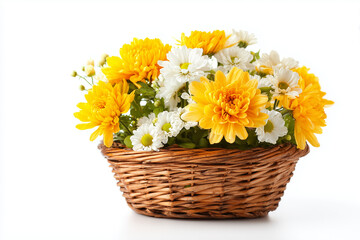 Colorful basket of assorted flowers including pink, yellow, and white blossoms, isolated on white background.