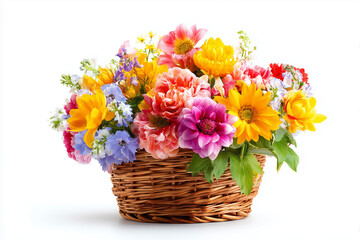 Fototapeta premium Colorful basket of assorted flowers including pink, yellow, and white blossoms, isolated on white background.