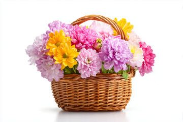 Colorful basket of assorted flowers including pink, yellow, and white blossoms, isolated on white background.