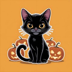 Cute Black Cat with Pumpkins &ndash; Halloween Illustration