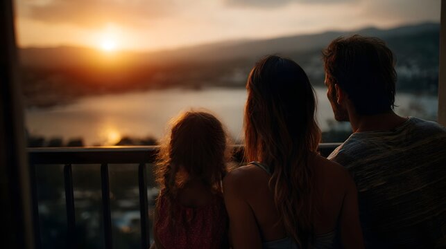 A family enjoys a peaceful moment on a balcony admiring a vivid sunset painting the sky and reflecting over a tranquil water landscape