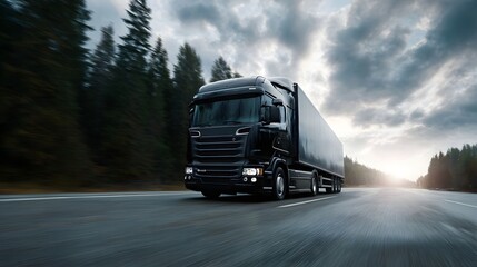 Obraz premium A black semi trailer truck drives down a highway through a forest under a dramatic cloudy sky
