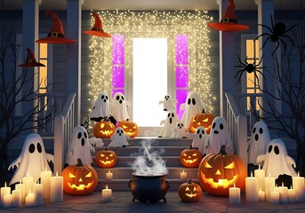 Obraz premium Spooky Halloween Decorations Featuring Ghosts Pumpkins and Witch Hats on Porch