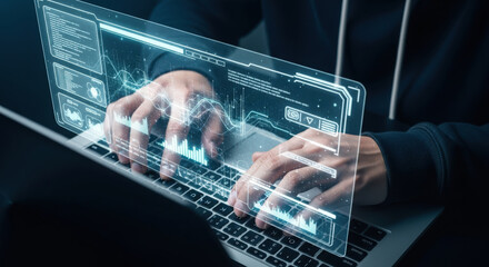 Navigating the Digital Frontier A Hacker's Hands on Keyboard with Futuristic Interface Overlay for Data Analysis and Cybersecurity Threat Detection in Dark Environment