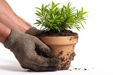 Hand holding small green plant with soil, isolated on white background.
