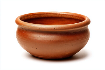 Clay pot made of terracotta with smooth surface and rounded shape, isolated on white background.