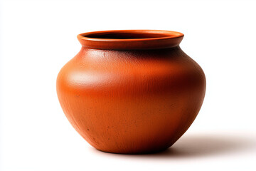Clay pot made of terracotta with smooth surface and rounded shape, isolated on white background.