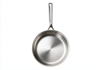 Stainless steel frying pan with handle, isolated on white background.