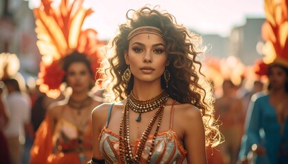 A woman with curly brown hair, adorned in festive attire, poses confidently, other performers in the background