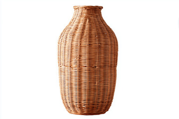 Wicker basket vase handcrafted from natural rattan, isolated on white background.