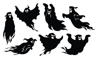 Funny ghost silhouettes set of seven spooky characters in various floating and flying poses on white background. Vector cartoon illustration
