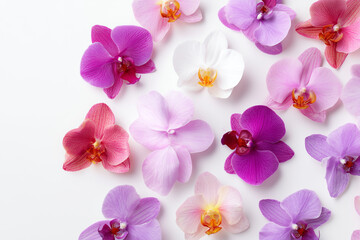 Colorful orchid flowers in shades of pink and orange, isolated on white background.