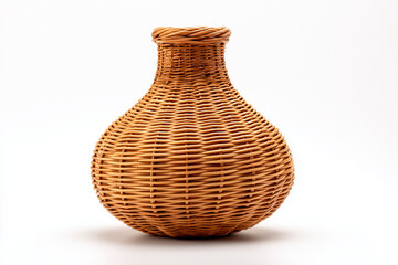 Wicker basket vase handcrafted from natural rattan, isolated on white background.
