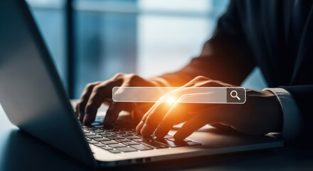 Online Search Optimization A Businessman's Hands on Laptop Keyboard Exploring Digital Marketing Strategies and Online Visibility Enhancement for Business Growth