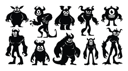 Monster silhouettes set of ten funny and scary creatures with horns, sharp teeth, and one or multiple eyes. Vector cartoon illustration