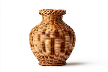 Wicker basket vase handcrafted from natural rattan, isolated on white background.