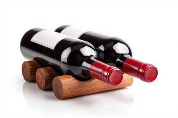 Stack of red wine bottles in modern white wine rack isolated on white background.