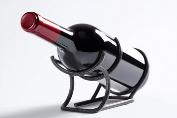 Stack of red wine bottles in modern white wine rack isolated on white background.