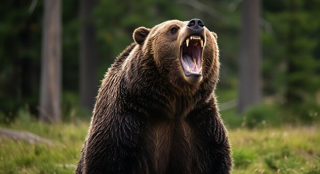 Roaring brown bear portrait in natural environment wildlife scene