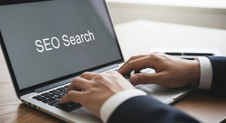SEO Search Optimization A Businessman's Hands on Laptop Keyboard Exploring Digital Marketing Strategies and Online Visibility Enhancement for Business Growth