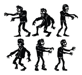 Set of zombie silhouettes walking with outstretched arms and ripped clothes on white background. Vector cartoon illustration