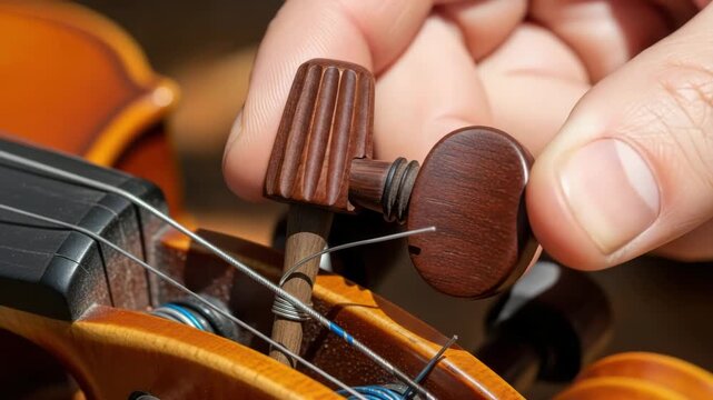 Closeup of hand tuning violin pegs for precise string adjustment