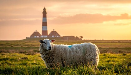 Sheep and Lighthouse at Sunset