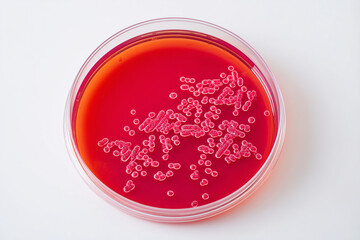 Bacterial culture in agar petri dish isolated on white background. Laboratory microbiology experiment showing bacterial colonies for medical or scientific research.