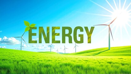 Field with wind turbines at sunrise and the word energy in center