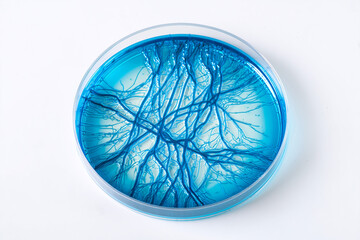 Bacterial culture in agar petri dish isolated on white background. Laboratory microbiology experiment showing bacterial colonies for medical or scientific research.