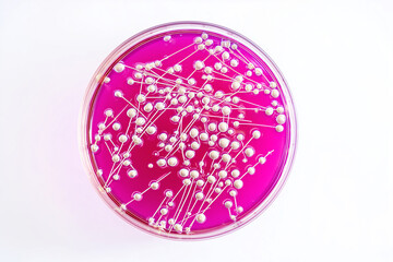 Bacterial culture in agar petri dish isolated on white background. Laboratory microbiology experiment showing bacterial colonies for medical or scientific research.