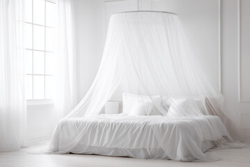 White bed with mosquito net canopy, clean minimalist bedroom setup isolated on white background.