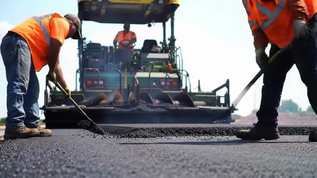 Men in orange vests spread steaming asphalt, paver lays, roller compacts new road at bustling construction site under bright daylight. Concept of modern infrastructure development
