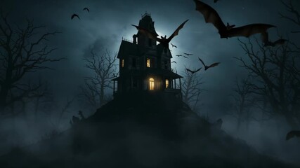 Halloween night scene with bats and haunted abandoned old house  - Powered by Adobe