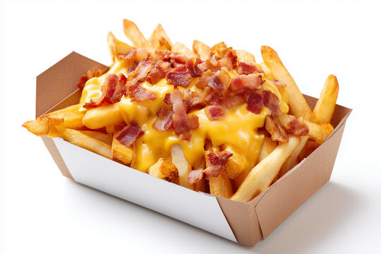 French fries with melted cheese and crispy bacon in a paper tray, isolated on white background.