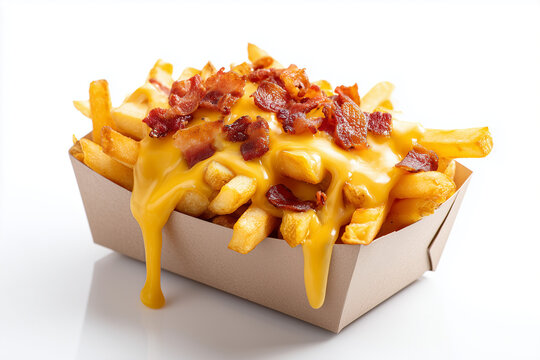 French fries with melted cheese and crispy bacon in a paper tray, isolated on white background.