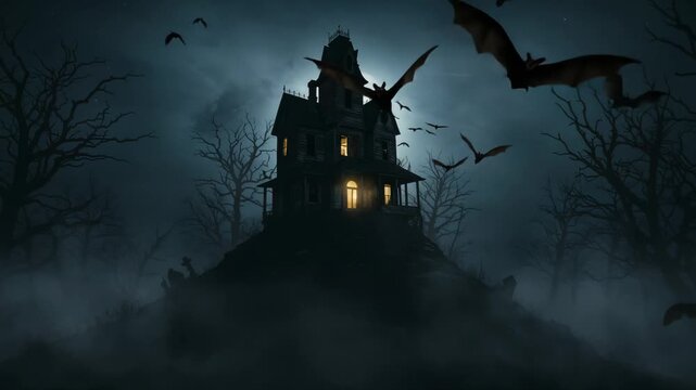 Halloween night scene with bats and haunted abandoned old house 