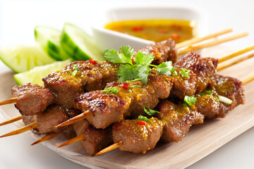 Grilled pork satay skewers served with peanut sauce and cucumber slices, isolated on white background, Grilled beef skewer on carton dish.