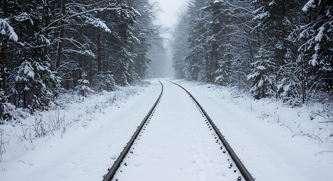 Snow covered railway track through frosted forest during winter season